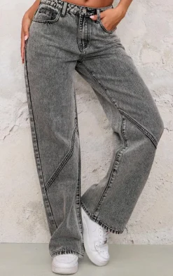 Petite Washed Grey Denim Seam Detail Straight Leg Jeans