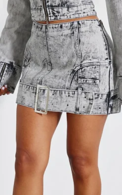 Petite Washed Grey Denim Mini Skirt With Belt Detail