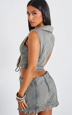 Petite Washed Grey Denim Lace Up Crop Top