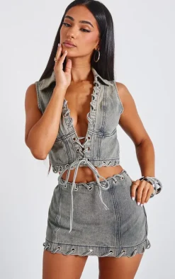 Petite Washed Grey Denim Lace Up Detail Mini Skirt