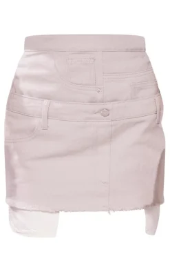 Petite Washed Grey Double Waistband Pocket Denim Skirt