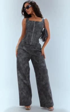 Petite Washed Grey Faux Leather Straight Leg Pants