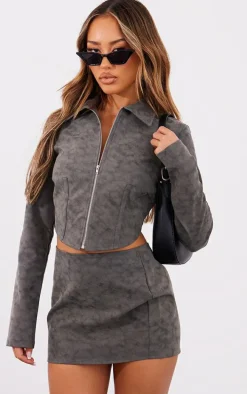 Petite Washed Grey Faux Leather Zip Up Crop Jacket