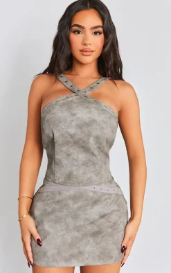 Petite Washed Grey Faux Leather Eyelet Detail Crop Top