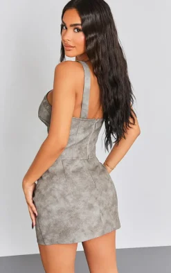 Petite Washed Grey Faux Leather Eyelet Detail Crop Top