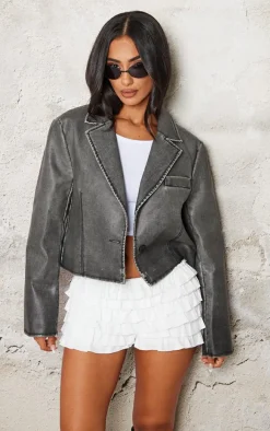 Petite Washed Grey Faux Leather Cropped Blazer