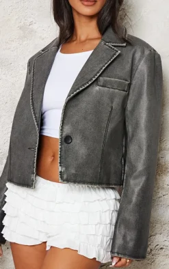 Petite Washed Grey Faux Leather Cropped Blazer