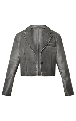 Petite Washed Grey Faux Leather Cropped Blazer