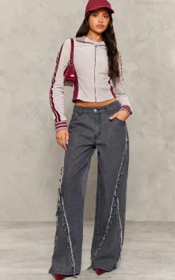 Petite Washed Grey Fray Detail Wide Leg Jeans