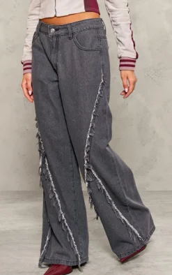 Petite Washed Grey Fray Detail Wide Leg Jeans