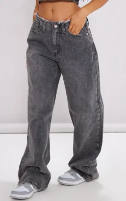 Petite Washed Grey Fray Waist Low Rise Straight Leg Jeans