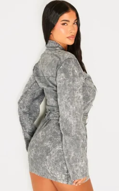 Petite Washed Grey Long Sleeve Fitted Mini Dress With Belt Detail