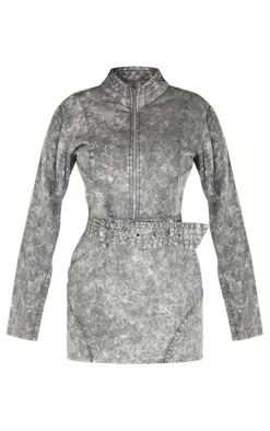 Petite Washed Grey Long Sleeve Fitted Mini Dress With Belt Detail
