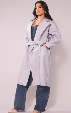 Petite Washed Grey Pu Biker Trench
