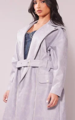 Petite Washed Grey Pu Biker Trench