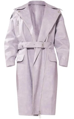 Petite Washed Grey Pu Biker Trench