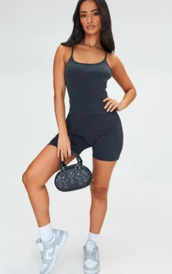 Petite Washed Grey Rib Cross Over Back Unitard