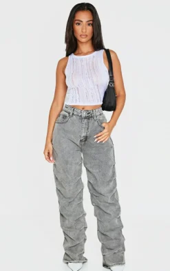 Petite Washed Grey Ruched Straight Leg Denim Jeans