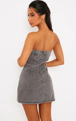 Petite Washed Grey Seam Front Denim Mini Dress