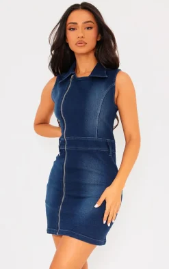 Petite Washed Indigo Zip Up Collar Detail Denim Dress