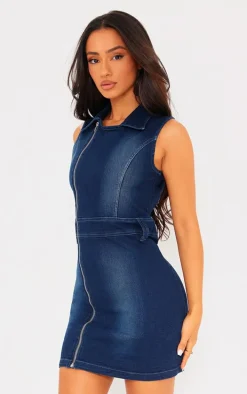 Petite Washed Indigo Zip Up Collar Detail Denim Dress