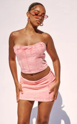 Petite Washed Pink Bandeau Denim Corset Top