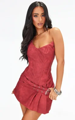 Petite Washed Red Faux Leather Bandeau Fitted Mini Dress