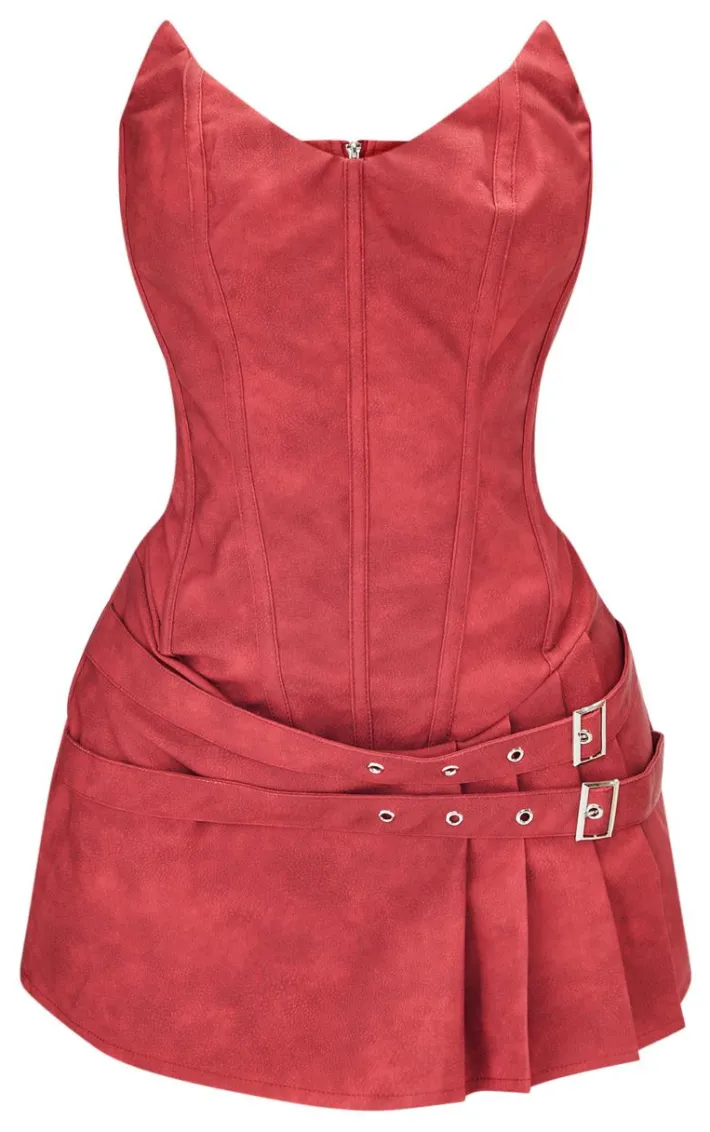 Petite Washed Red Faux Leather Bandeau Fitted Mini Dress