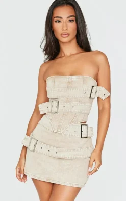 Petite Washed Stone Buckle Detail Denim Corset Top