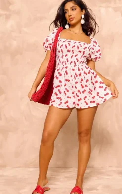 Petite White Backless Cherry Print Romper