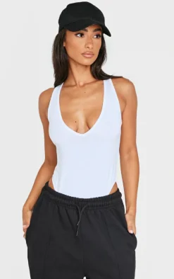 Petite White Basic Cotton Blend Plunge Sleeveless Bodysuit