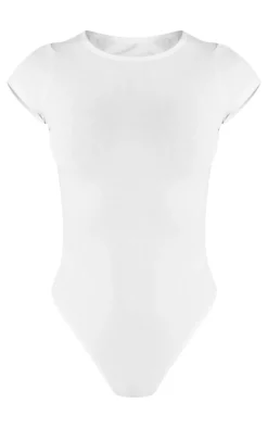 Petite White Basic Cotton Blend Fitted Short Sleeve Bodysuit