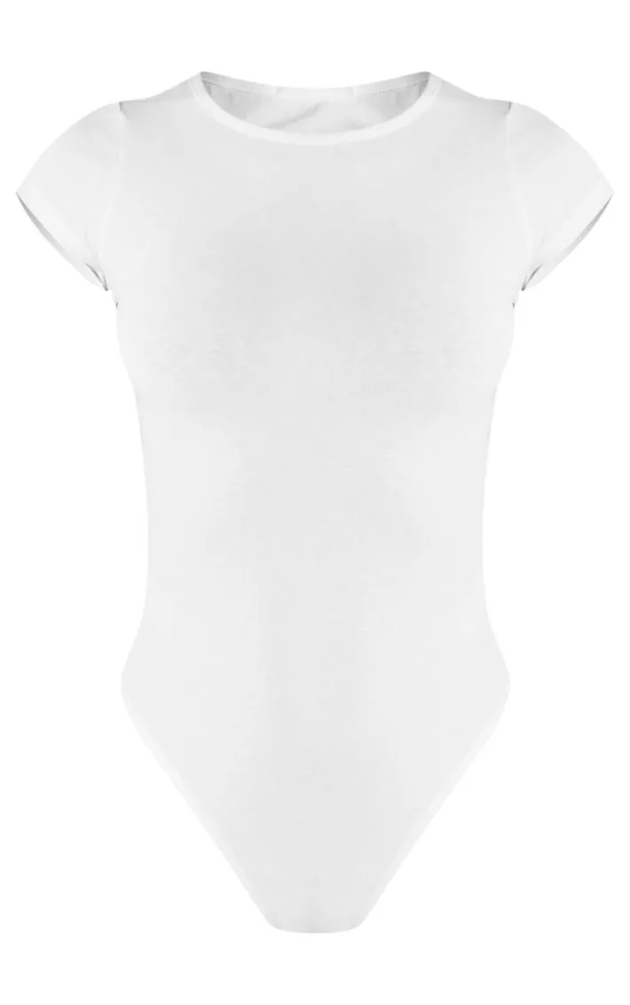 Petite White Basic Cotton Blend Fitted Short Sleeve Bodysuit