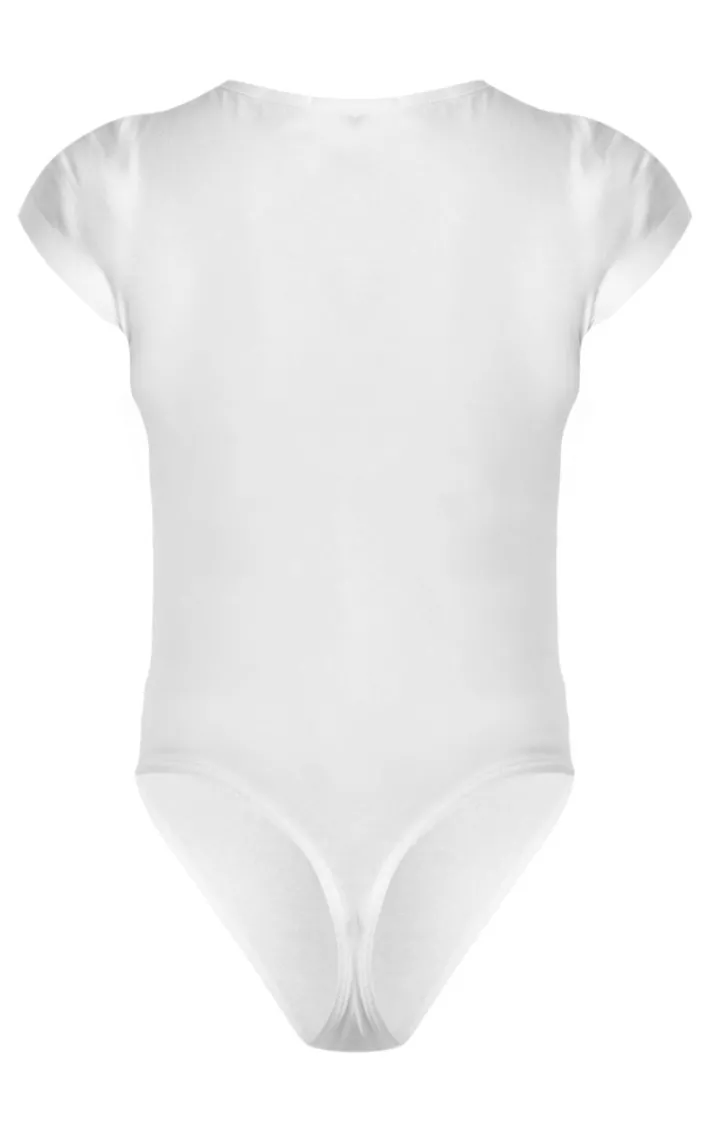 Petite White Basic Cotton Blend Fitted Short Sleeve Bodysuit