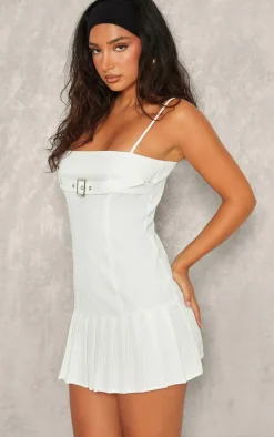 Petite White Belt Detail Pleated Mini Dress