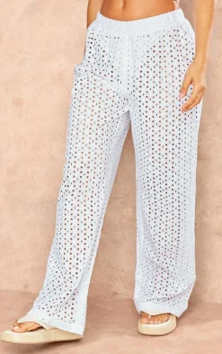 Petite White Broderie Low Waist Straight Leg Pants