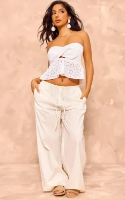 Petite White Broderie Twist Front Crop Top