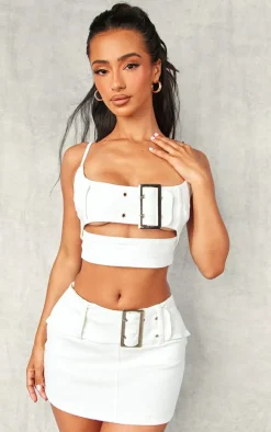 Petite White Denim Belted Mini Skirt