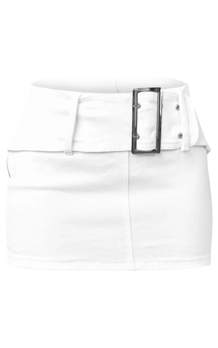 Petite White Denim Belted Mini Skirt