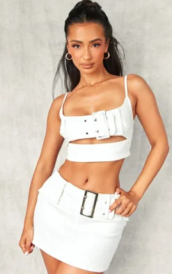 Petite White Denim Belted Crop Top