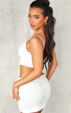 Petite White Denim Belted Crop Top