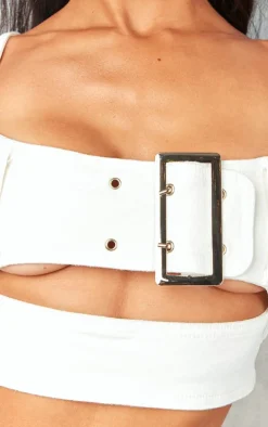Petite White Denim Belted Crop Top