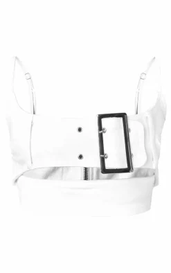 Petite White Denim Belted Crop Top