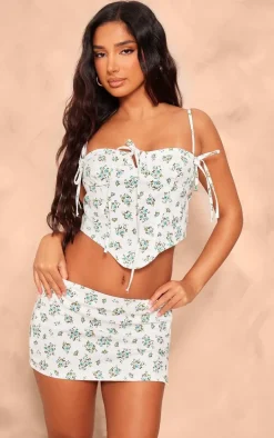 Petite White Denim Floral Print Corset Top
