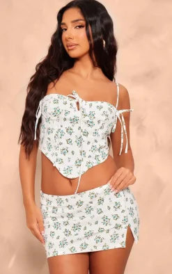 Petite White Denim Floral Print Corset Top