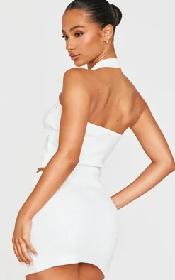 Petite White Diamante Knit Halterneck Top