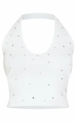 Petite White Diamante Knit Halterneck Top