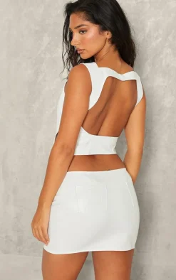Petite White Faux Leather Open Back Asymmetric Top
