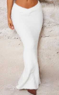 Petite White Fluffy Knit V Front Maxi Skirt
