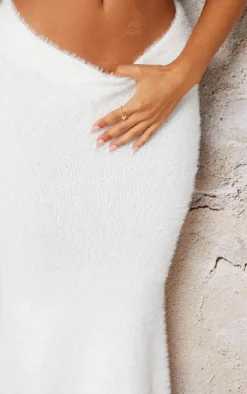 Petite White Fluffy Knit V Front Maxi Skirt